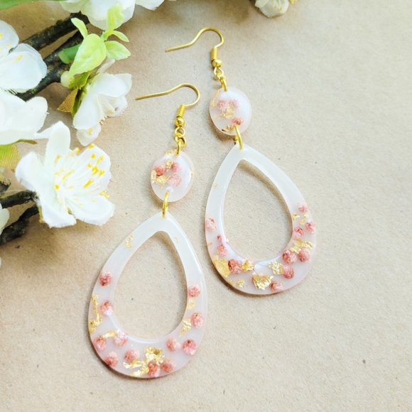 Statement Earrings Gold and Blush Pink Floral Milk Bath Handmade Teardrop Dangle - Picture 1 of 12